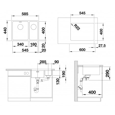Kuchyňský dřez Blanco Andano 340/180-U, bez táhla, levý