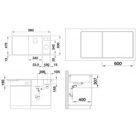 Kuchyňský dřez Blanco Axia III 6 S-F Černá, pravý, se skleněnou krájecí deskou a miskou