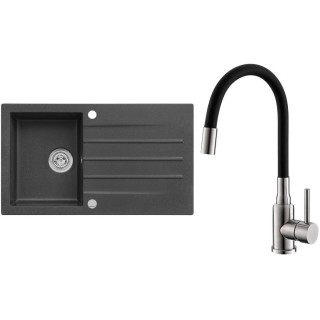 Set Alveus (dřez Cortina 130 Black 91, s excentrem + baterie Mintas Černá/Kartáčovaná ocel)