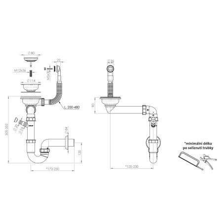 Sifón Sinks SPNG3SBL 3 1/2" pre granitové drezy, s extra úsporou miesta, čierne komponenty