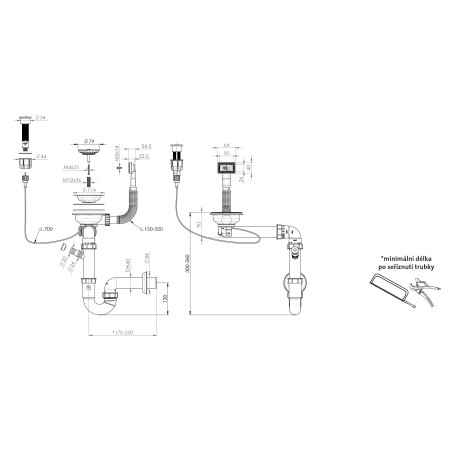 Sifón Sinks SPNS3SXCC 3 1/2" pre nerezové drezy, s extra úsporou miesta, s excentrickým ovládačom (clic-clac)